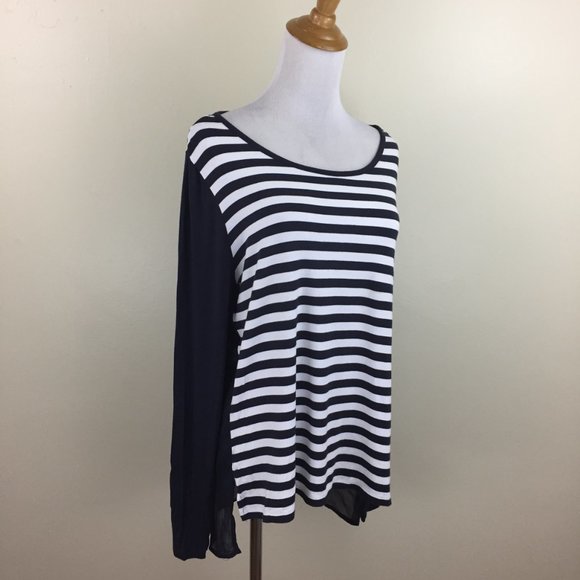 MICHAEL KORS Dark Blue White Striped Jersey Solid Chiffon Back Long Sleeve Shirt - Picture 1 of 12